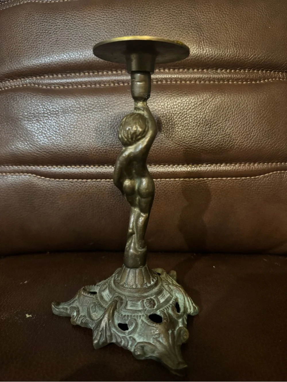 Antique-Style Bronze Cherub Candle Holder - Decorative Table Accent